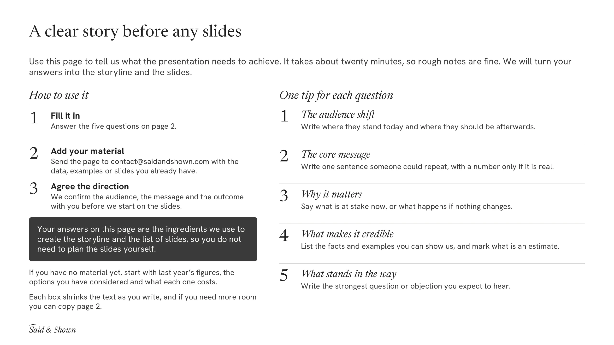 Storyline brief, page 1: how to use it and one tip for each question