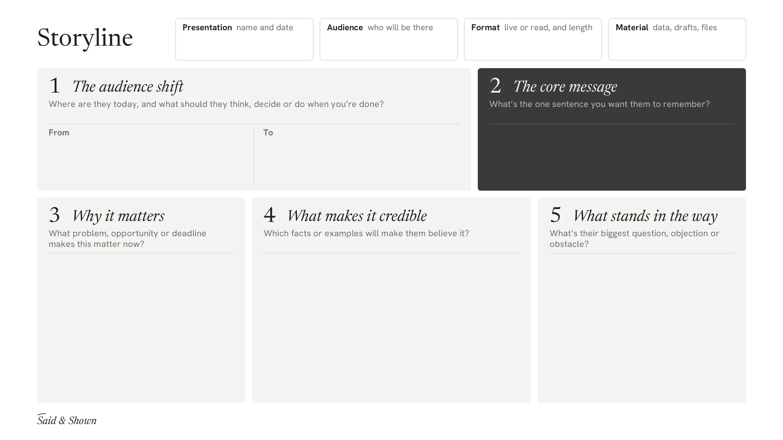 Storyline brief, page 2: the five questions to fill in